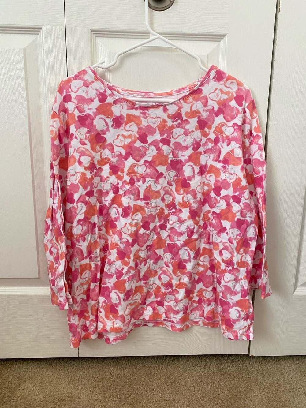 Studio Works XL 100% Cotton Pink Orange Heart Print 3/4 Sleeve Top